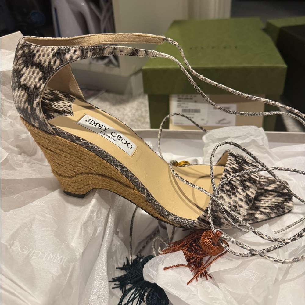 Jimmy Choo Black and Cream Snakeskin Wedges